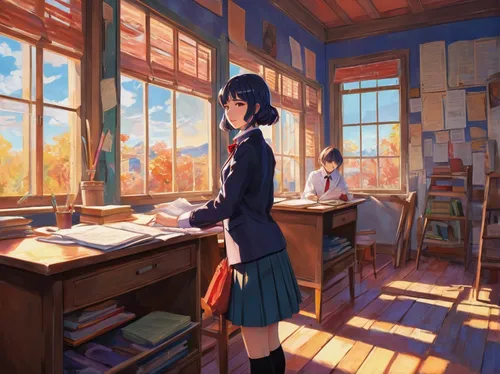 classroom,study room,class room,girl studying,school desk,study,desk,school skirt,morning light,school uniform,schoolgirl,tutor,school clothes,teacher,student,classroom training,elementary,tutoring,examination room,blue room,Conceptual Art,Oil color,Oil Color 25