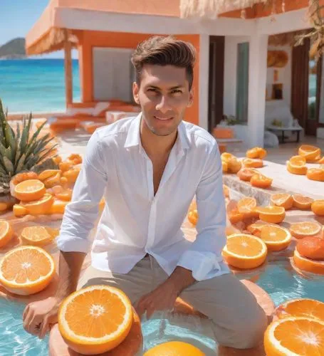 Un hombre joven corpulento y con barba cerrada sentado en una piscina lujosa de un resort con una bebida en la mano ,maldives,cancun,fresh orange juice,oranges,bahian cuisine,coconut drinks,ayurveda,o