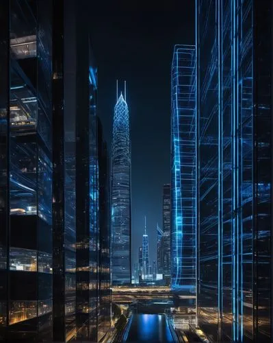 Modern data integration architecture, futuristic cityscape, skyscraper, steel and glass building, neon lights reflecting off the windows, 3/4 composition, low-angle shot, evening atmosphere, blurred b