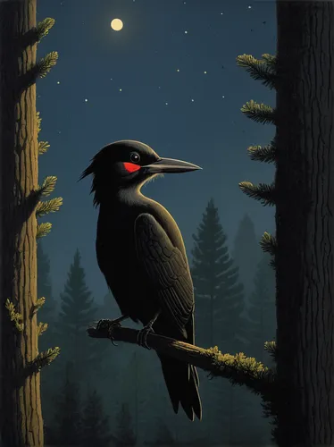 ivory-billed woodpecker,nocturnal bird,pileated woodpecker,night bird,bird painting,bird illustration,black woodpecker,night scene,woodpecker bird,red-bellied wood pecker,woodpecker,corvidae,moonlit night,bird on the tree,night watch,brewer's blackbird,nature bird,ornithology,song bird,belostomatidae,Art,Artistic Painting,Artistic Painting 48