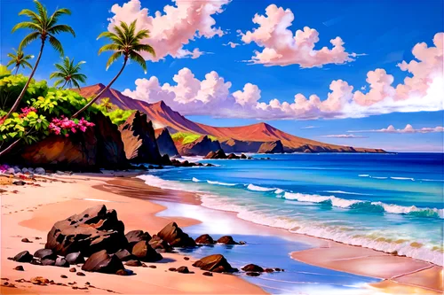 beach landscape,beach scenery,dream beach,tropical beach,hawaii,hawai,paradise beach,beautiful beach,lanikai,tropical sea,beautiful beaches,mountain beach,cartoon video game background,landscape background,coastal landscape,beach background,caribbean beach,tropical island,an island far away landscape,paradises,Conceptual Art,Oil color,Oil Color 10