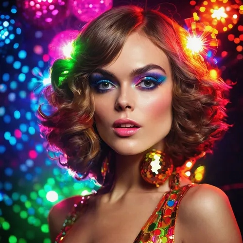 neon makeup,jeweled,colored lights,glitter powder,colorful light,disco,glitter eyes,eyes makeup,vintage makeup,visual effect lighting,glittering,disco ball,glitters,dazzling,showgirl,women's cosmetics,colorful foil background,glitter trail,glamour girl,make-up,Illustration,Realistic Fantasy,Realistic Fantasy 38