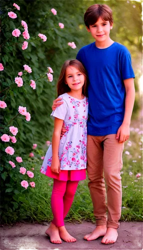 Boy, girl, embracing, hugging, standing, gentle facial expression, soft smile, bright eyes, messy brown hair, boy's casual wear, white T-shirt, blue jeans, girl's cute dress, pink flowers pattern, bar