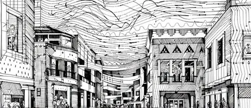 ginza,japanese wave paper,mono-line line art,shinjuku,panoramical,mono line art,street plan,motomachi,coloring page,osaka,baku eye,kirrarchitecture,japanese waves,urban design,line drawing,line-art,sh