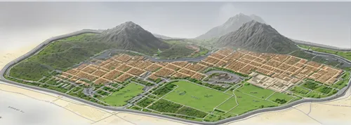 Create 3d model of map in picture ,mountain settlement,ancient city,town planning,mountain village,terraforming,development concept,machu pichu,pompeii,mountain plateau,island of fyn,maya city,volcano