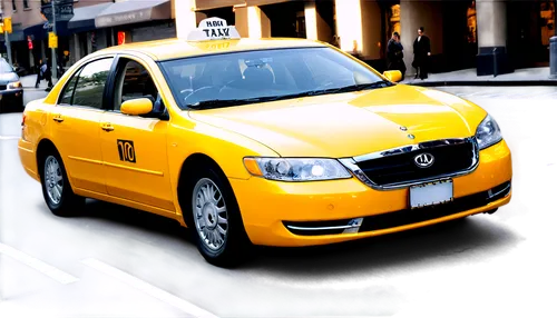 Yellow taxi, New York City style, bright headlights, chrome bumper, curved windshield, rounded roof, black wheels, detailed license plate, shiny paint job, urban setting, morning rush hour, soft focus