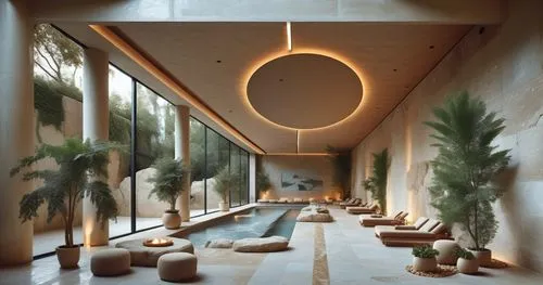 The interior of the spa is designed in the style of Alvaro Siza, with tall columns and a large swimming pool surrounded by limestone walls. There is a forest outside the window. The rock wall behind i