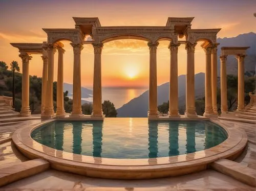 greek temple,marble palace,ravello,amanresorts,delphi,temple of poseidon,greece,symi,positano,antalya,egyptian temple,pillars,water palace,stone fountain,pallas athene fountain,oman,three pillars,doric columns,ephesus,lycian,Illustration,Japanese style,Japanese Style 16