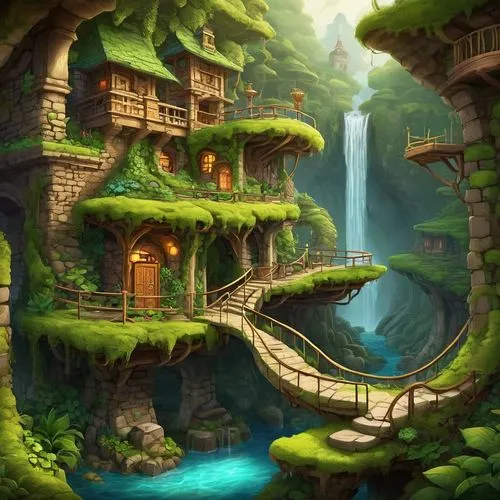 fantasy landscape,fairy village,green waterfall,cartoon video game background,elves country,fantasy picture,rivendell,world digital painting,home landscape,aurora village,kinkade,green valley,oasis,mountain settlement,uzak,bird kingdom,3d fantasy,fairy world,cascada,house in the forest,Unique,Pixel,Pixel 05