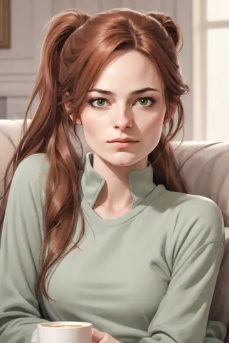 cinnamon girl,stressed woman,worried girl,depressed woman,girl sitting,girl with cereal bowl,the girl's face,digital painting,woman drinking coffee,woman sitting,kosmea,world digital painting,portrait background,realdoll,redhead doll,woman at cafe,portrait of a girl,woman face,woman thinking,clary