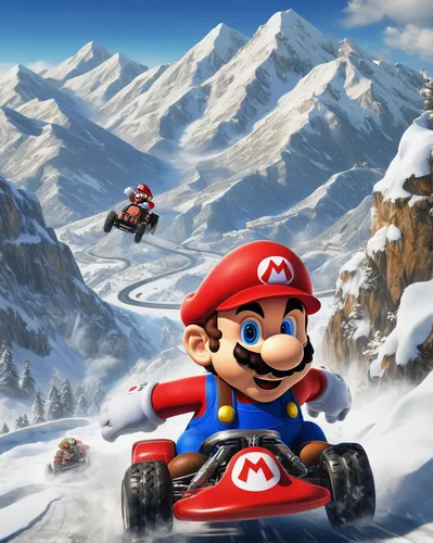 Picture Mario racing through a snowy mountain in a thrilling chase.,ice racing,snowmobile,gnome skiing,sledding,snow removal,cartoon video game background,snow slope,winter background,go-kart,mobile v