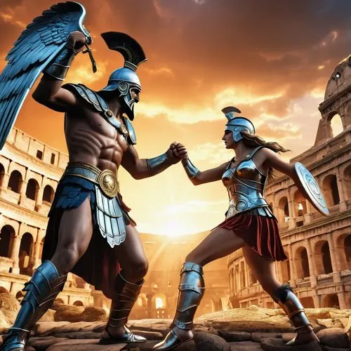  goddess athena versus god zeus in a battle colosseum,a painting of an old fashion couple wearing roman costumes,rome 2,gladiators,sparta,gladiatorial,hoplites,gladiator,centurions,dacians,gladiador,e