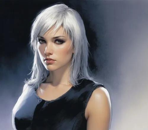 a woman with white hair posing in a black dress,longhena,donsky,blonde woman,sebelia,alexakis,lopilato,Illustration,American Style,American Style 06