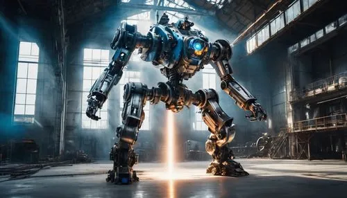 Mech WW1, robotic, masculine, bulky armor, silver and copper accents, glowing blue optics, heavy machine gun arm, hydraulic legs, detailed mechanical structure, metallic texture, industrial setting, f