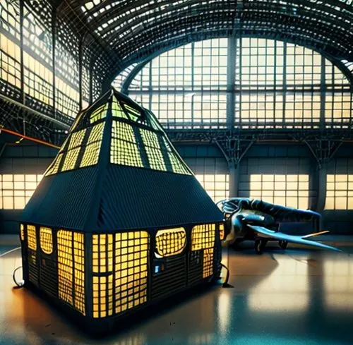 Time Machine in a hangar, built in 1945.,hangar,futuristic art museum,glass roof,tardis,roof domes,solar cell base,baggage hall,bee-dome,louvre museum,louvre,glass building,airship,bird cage,locomotiv