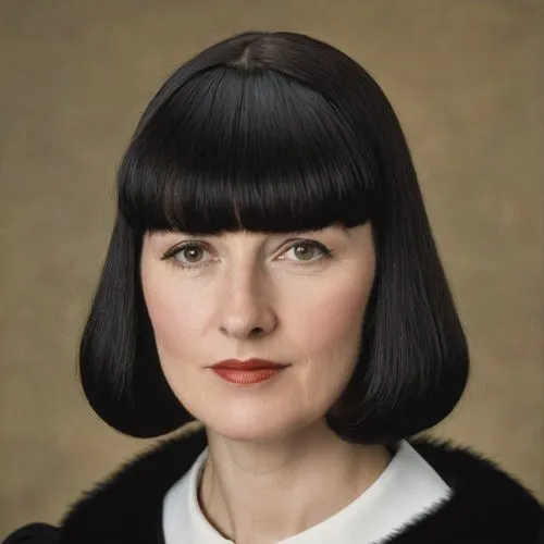 caucasian woman with bangs and long black hair dressed in formal wear,a woman with short black hair wearing a white blouse,grundhofer,steenburgen,nabiullina,deschanel,seberg,nussbaum,Art,Artistic Pain