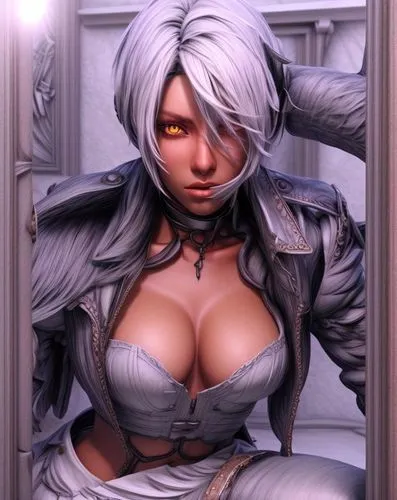 kotobukiya,femme fatale,blanche,silver frame,harley,fuki,steel door,silver,veronica,see-through clothing,a200,doll looking in mirror,eve,platinum,tiber riven,in the mirror,framed,grey fox,phone icon,mirror frame