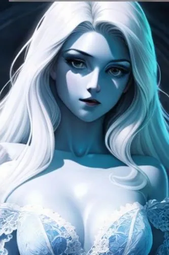 Beautiful anime alien, highly detailed, realistic picture, perfect proportion, masterpiece, perfect lighting, beautiful blue skin, hd,  perfect proportion, lace dress,,blue enchantress,ice queen,white