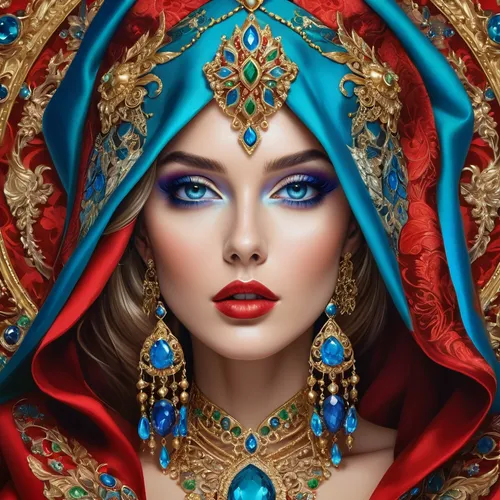 fantasy art,priestess,fantasy portrait,queen of hearts,the carnival of venice,oriental princess,cleopatra,orientalism,boho art,jeweled,headdress,fantasy woman,venetian mask,miss circassian,sorceress,fashion illustration,adornments,mystical portrait of a girl,the enchantress,masquerade,Photography,Fashion Photography,Fashion Photography 04