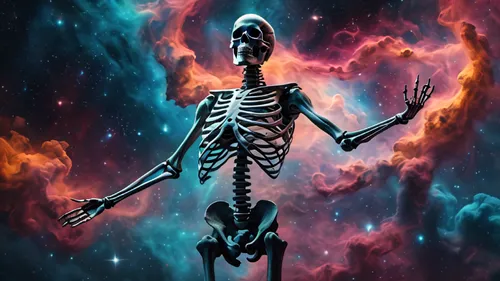 A graceful skeleton demigod floating through a nebula . ,skeletal,skeleltt,human skeleton,astral traveler,skeletal structure,skeleton,vintage skeleton,vanitas,skeletons,endoskeleton,dance of death,day