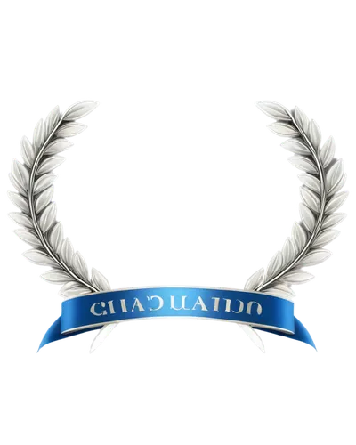 Graduation logo, golden laurel wreath, blue ribbon, silver diploma, ornate font, 3D effect, metallic texture, circular shape, centered composition, soft focus, warm lighting, PNG transparent backgroun