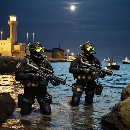 A SEAL team in scuba diving gear and submachine guns emerging at night from the sea at a middle easts port or miliutary/terrorist place. ,sea scouts,special forces,water police,marine expeditionary un