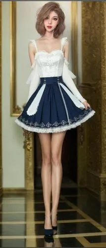 穿高跟鞋，双腿直立，双腿不交叉,a women is wearing a short white dress,dress doll,doll dress,petticoat,tutu,thighpaulsandra,dressup