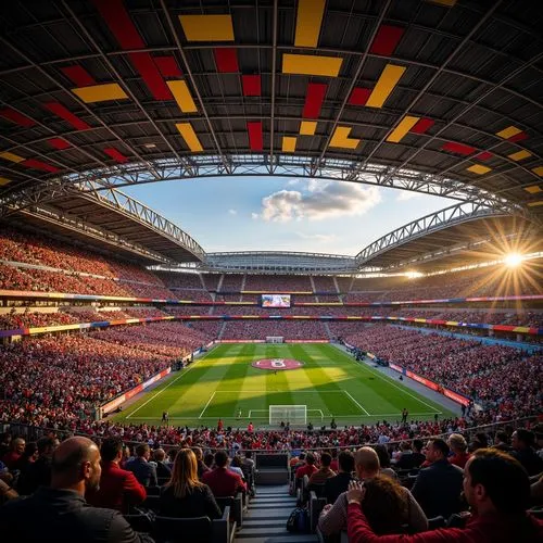 Vibrant stadium interior, dynamic color schemes, bold typography, energetic crowd atmosphere, bright LED lighting, sleek metal structures, modern architectural design, geometric patterns, angular line