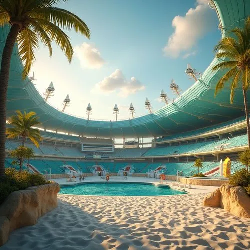 Beach-inspired stadium designs, futuristic architecture, ocean-blue domed roof, wavy lines, sandy textured walls, seashell-shaped entrance gates, tropical palm trees surrounding, coastal breeze, sunse