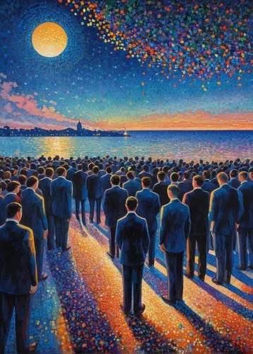 low-angle shot, dramatic composition, depth of field, blue hour, award ceremony, prestigious event.,dubbeldam,multitude,serenata,antibalas,promenade,procession,crowds,individuos,the people in the sea,