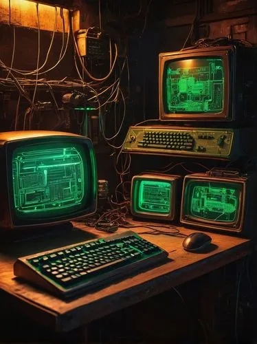 Retro futuristic computer, neon glow, sleek metal body, rounded edges, old-school keyboard, chunky mouse, crt monitor, green phosphor screen, wires tangled behind, 80s-90s nostalgic ambiance, dimly li