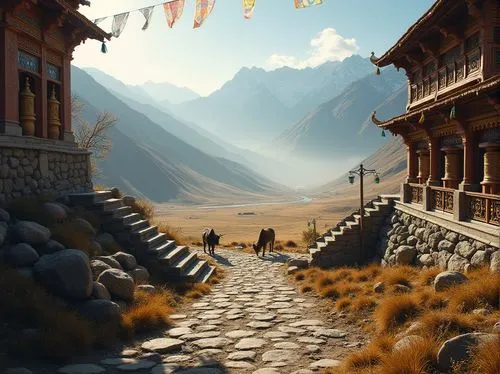 High-altitude plateau, vast open space, misty mountains in distance, sparse trees, rocky terrain, grasslands, winding dirt path, Tibetan prayer flags, worn stone stairs, serene atmosphere, warm sunlig