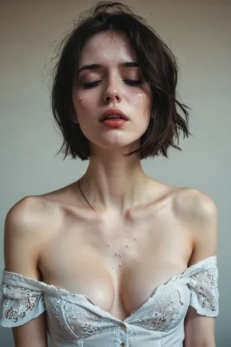 young woman, brunette, skinny, busty, bobcut, bare shoulders, cleavage, shirt, tears, pale skin,a woman in white dress with her eyes closed,dennings,pale,necklines,breasted,mastectomies,sternocleidoma