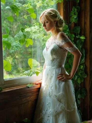 This picture shows a young blonde German bride in her light-colored wedding dress standing at a window. Her gaze is directed outside and she appears to be pensive. Bright colors. The surroundings outs