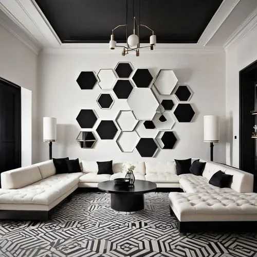 Luxurious modern living room, repetition of geometric patterns, hexagonal tiles on floor, identical vases on shelf, symmetrical arrangement of furniture, sectional sofa with repeated modules, coffee t