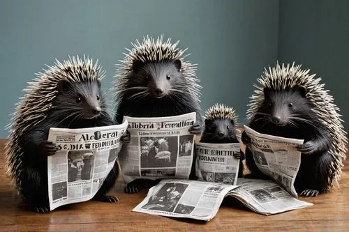 A Porcupine family looking in front and reading newspapers ,A Porcupine family looking in front and reading newspapers,newspaper reading,reading the newspaper,newspapers,journalistes,newsreaders,briti