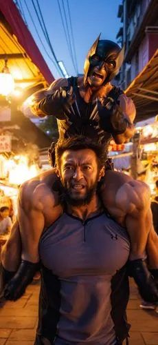 "Wolverine is at a Taiwanese night market, taking a selfie with the camera while carrying someone on his shoulders.",akuma,wolverine,jigoro,harada,kazuya,yujiro,gotoku,baki,daigo,sabretooth,logan,ryu,