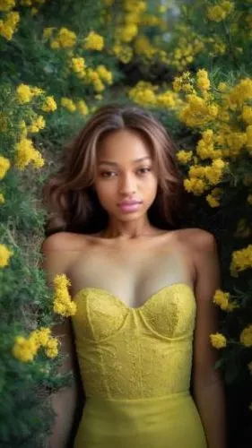 the woman is wearing a yellow dress,yellow petal,yellow garden,jurnee,yellow mustard,yellow butterfly,yellow flowers