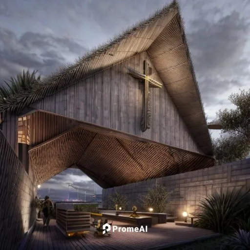 render capilla católica. techo palma estructura madera muro izquierdo piedra muro derecho machombrado madera reutilizada, palmeras jardín, playa al fondo. iglesia,dunes house,christ chapel,archidaily,