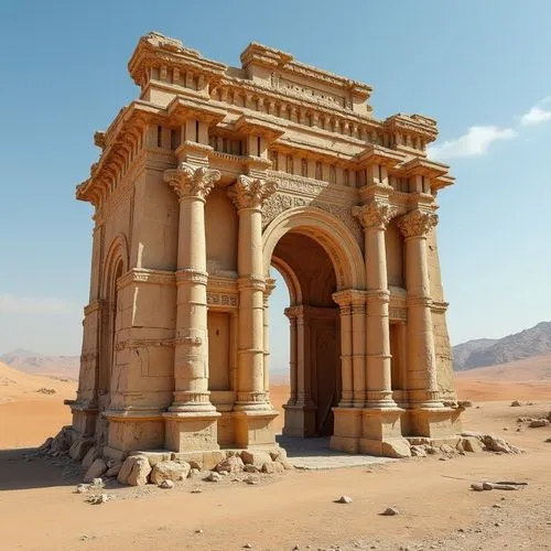 ancient monument, sandstone material, intricately carved, ornate details, worn by time, desert landscape, endless dunes, clear blue sky, strong sunlight, dramatic shadows, monumental structure, grande