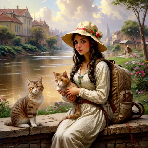 emile vernon,romantic portrait,girl on the river,fantasy picture,cat lovers,ritriver and the cat,romantic scene,oil painting on canvas,fantasy art,oil painting,gondolier,art painting,girl on the boat,