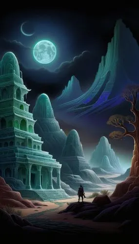 a painting of an outdoor area that appears very alien,fantasy landscape,fantasy picture,lunar landscape,world digital painting,cartoon video game background,landscape background,moonlit night,backgrou