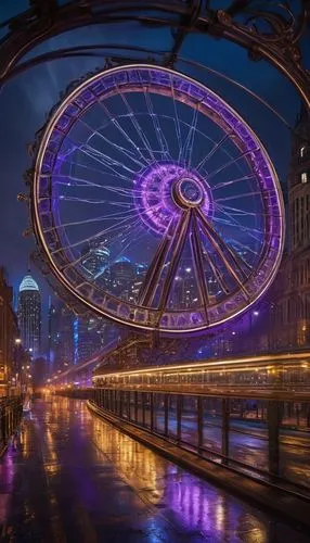 navy pier,ferris wheel,nasstrom,high wheel,blue hour,yarra,long exposure,chicago night,light trail,asiatique,singapore,chicago skyline,the park at night,victoriei,rainbow bridge,paris,longexposure,chicago,london eye,city at night,Illustration,Realistic Fantasy,Realistic Fantasy 13