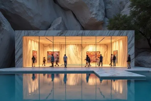 mirror house,futuristic art museum,art gallery,christo,water cube,marble palace