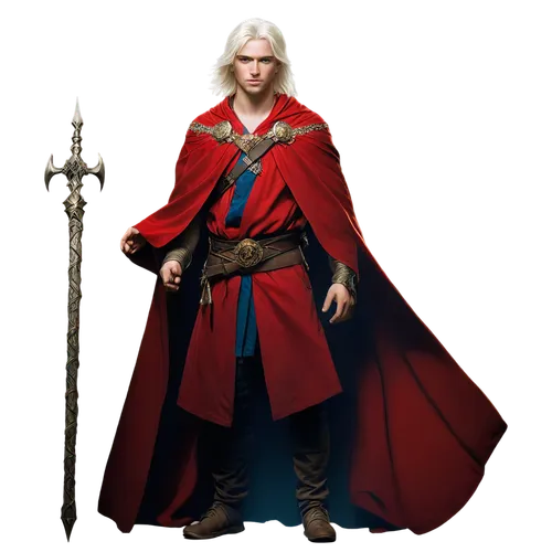 Magi, boy, white hair, blue eyes, pale skin, intricate tattoos on arms and chest, red cloak, golden accessories, holding staff, standing, dramatic pose, heroic atmosphere, fantasy setting, cinematic l