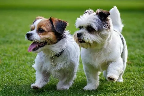 Jack Russell Terrier, Shih Tzu, two dogs, standing, back to back, different breeds, contrasting sizes, Jack Russell's brown and white fur, floppy ears, big eyes, Shih Tzu's long, flowing coat, white w