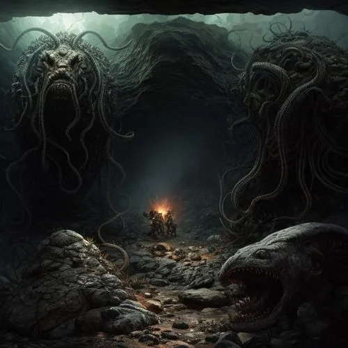 keep the creature in the upper left and put it in a realistic style in the middle of a cavern with a lot of rocks lying on the floor,deep sea,kraken,undersea,deep sea nautilus,the bottom of the sea,se