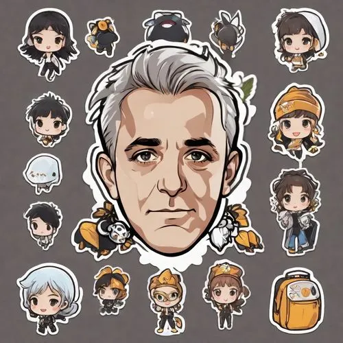 with a black background,the faces and eyes of some characters,,kapodistrias,clooney,alazraqui,chess icons,icon collection,lindemann,Digital Art,Sticker