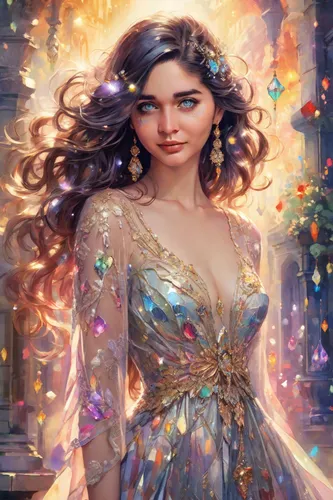 fantasy portrait,fantasy art,sorceress,cinderella,fantasy picture,fairy queen,fantasy woman,vanessa (butterfly),rosa ' amber cover,fae,the enchantress,rosa 'the fairy,zodiac sign libra,mystical portrait of a girl,fairy tale character,rapunzel,queen of the night,faerie,magical,faery,Digital Art,Watercolor