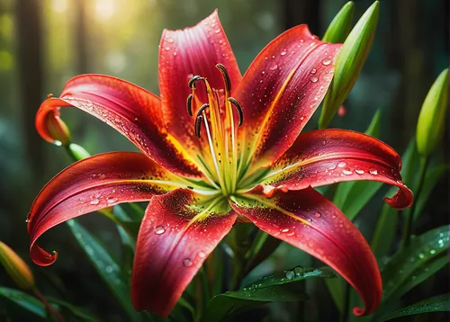 red passion lily, vibrant petals, green stem, dreamlight valley, fantasy setting, magical atmosphere, soft dreamy lighting, close-up shot, dew drops on petals, intricate flower texture, lush foliage, 